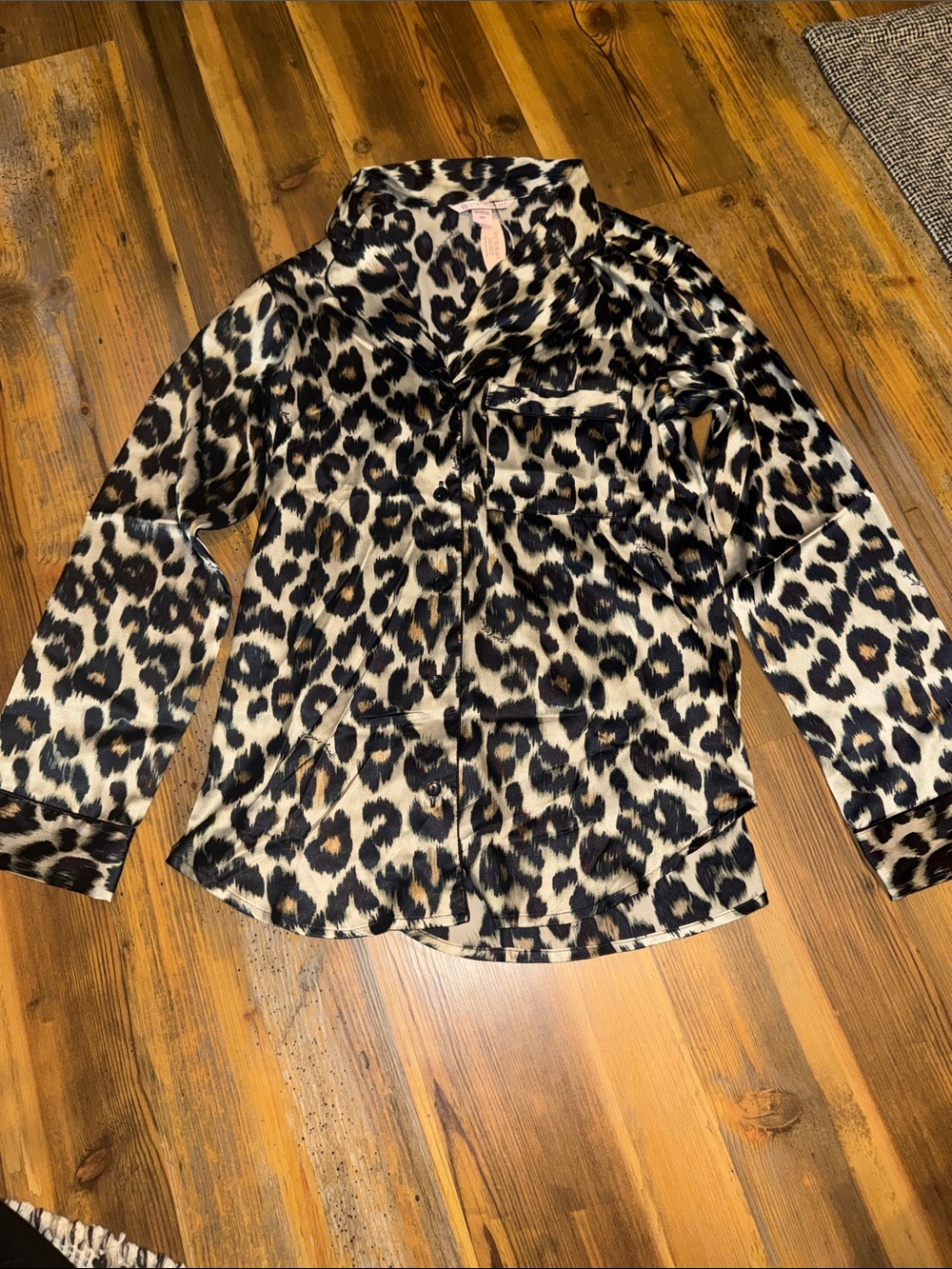 Victoria's Secret Leopard Satin Button-Up Shirt in Beige and Black